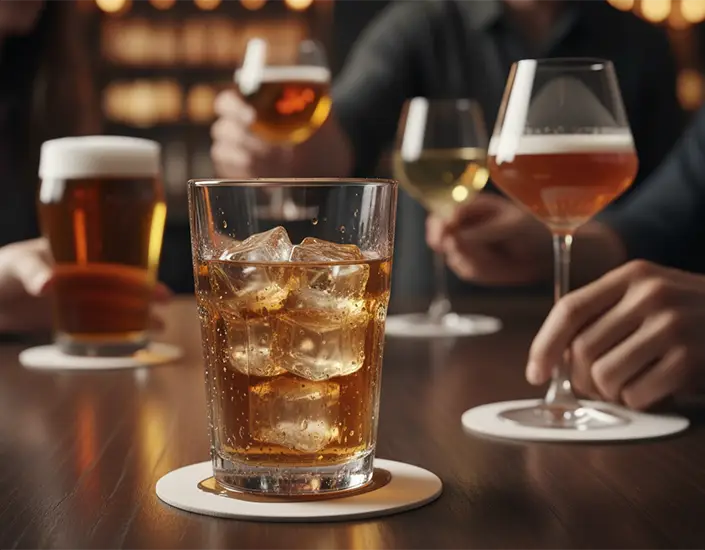 A bar with different types of drinks on coasters