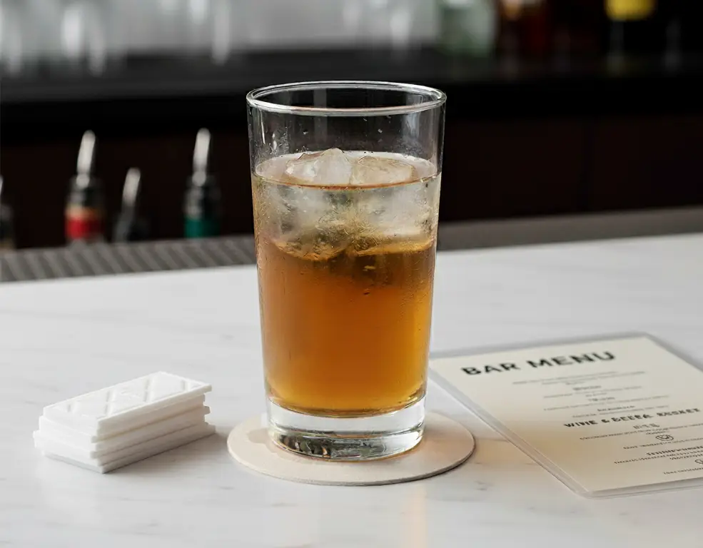 Iced drink resting on a round pulpboard coaster beside stacked drink tokens and a bar menu on a bar counter.