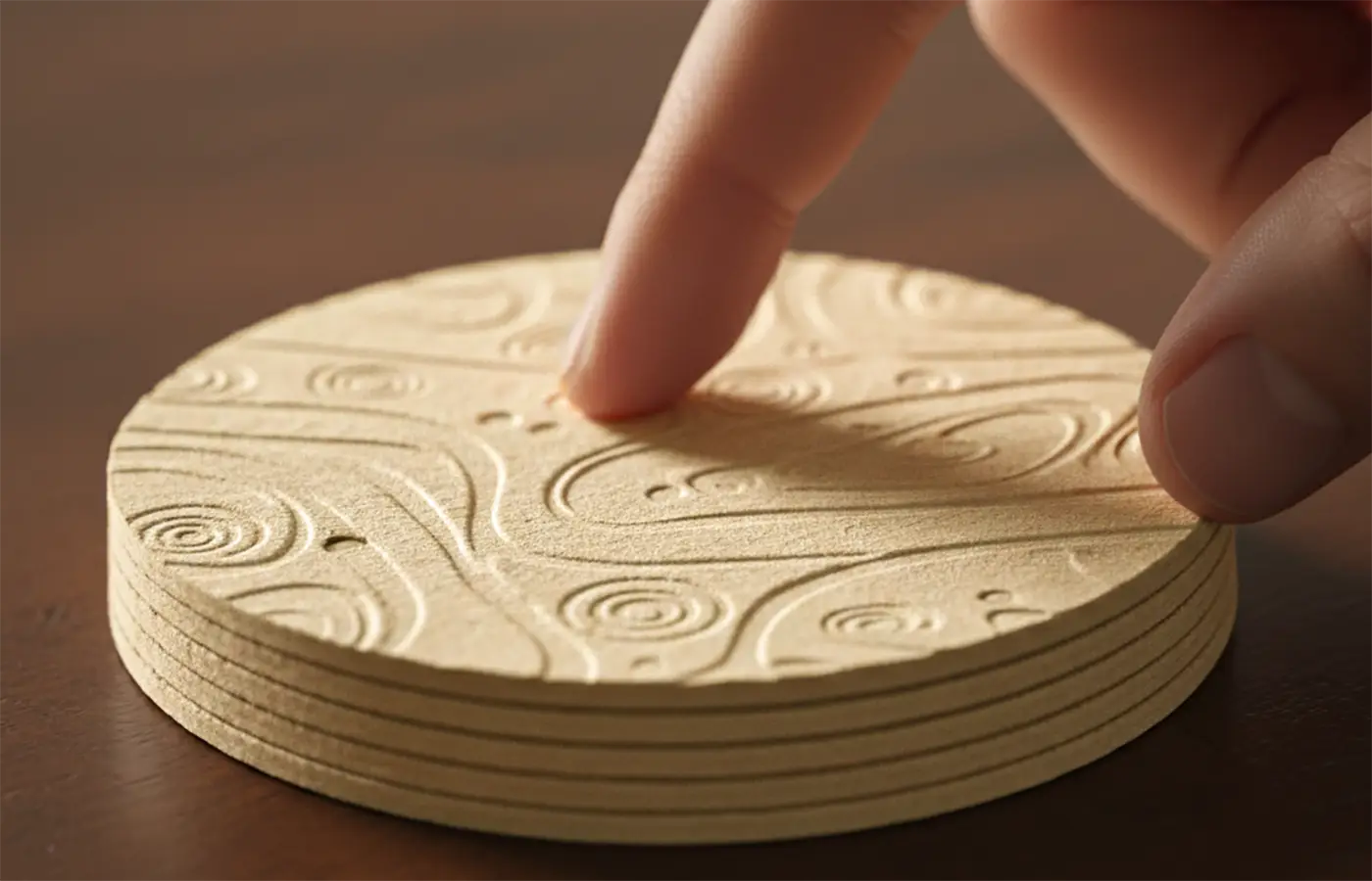 Close-up of a finger touching the textured surface of a textured pulpboard coaster.