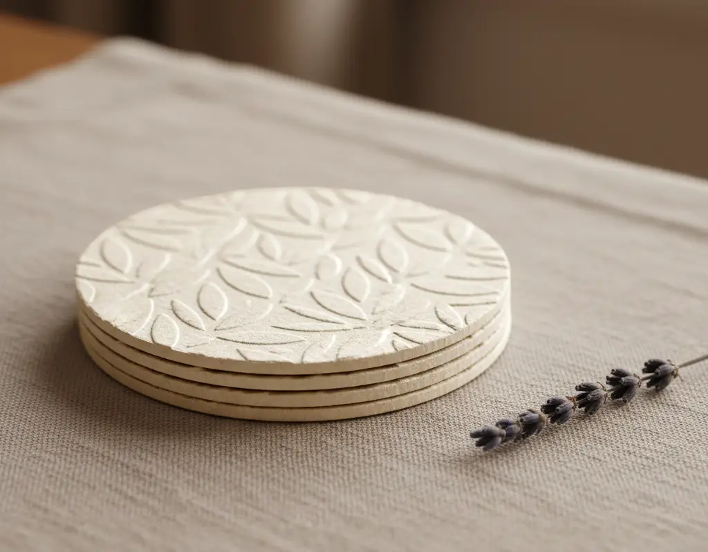 Stack of round paper coasters with a raised leaf texture on a fabric table surface.