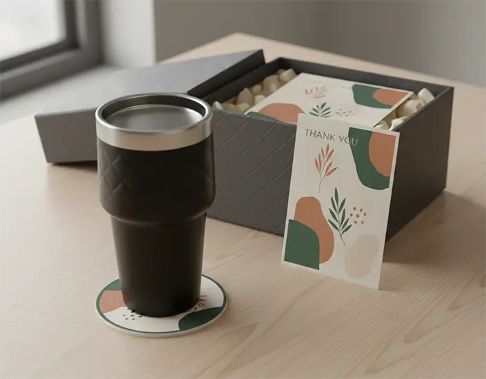Branded gift box containing a tumbler, thank-you card, and matching printed coaster on a desk.