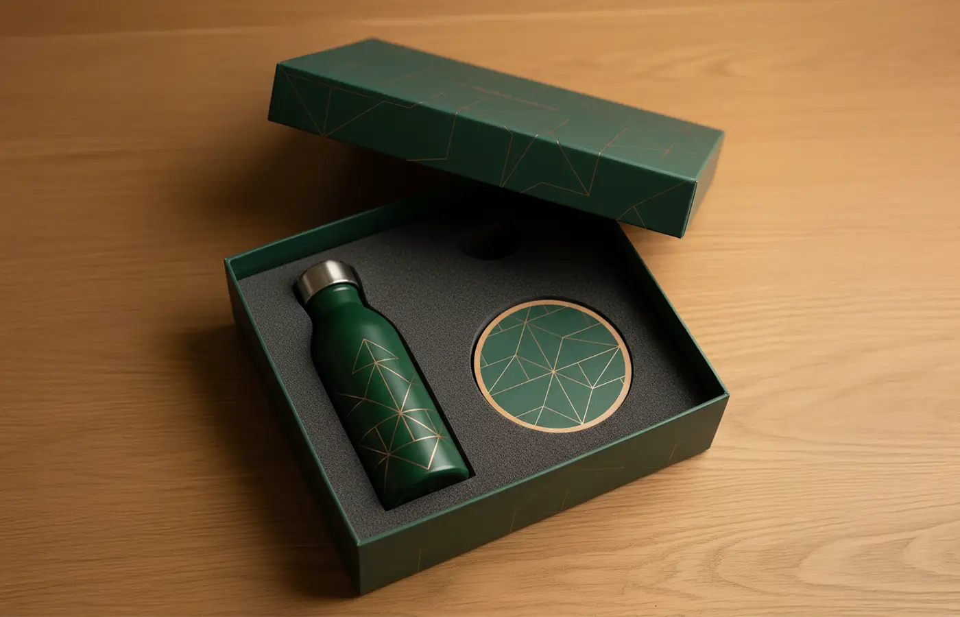 Custom promotional kit with matching bottle and coaster inside a luxury printed gift box.