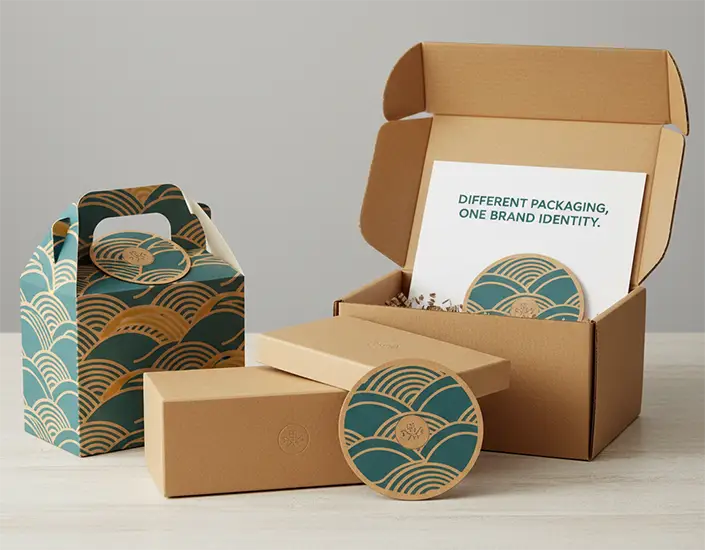 Assorted promotional packaging styles with matching branded coasters and unified design identity.