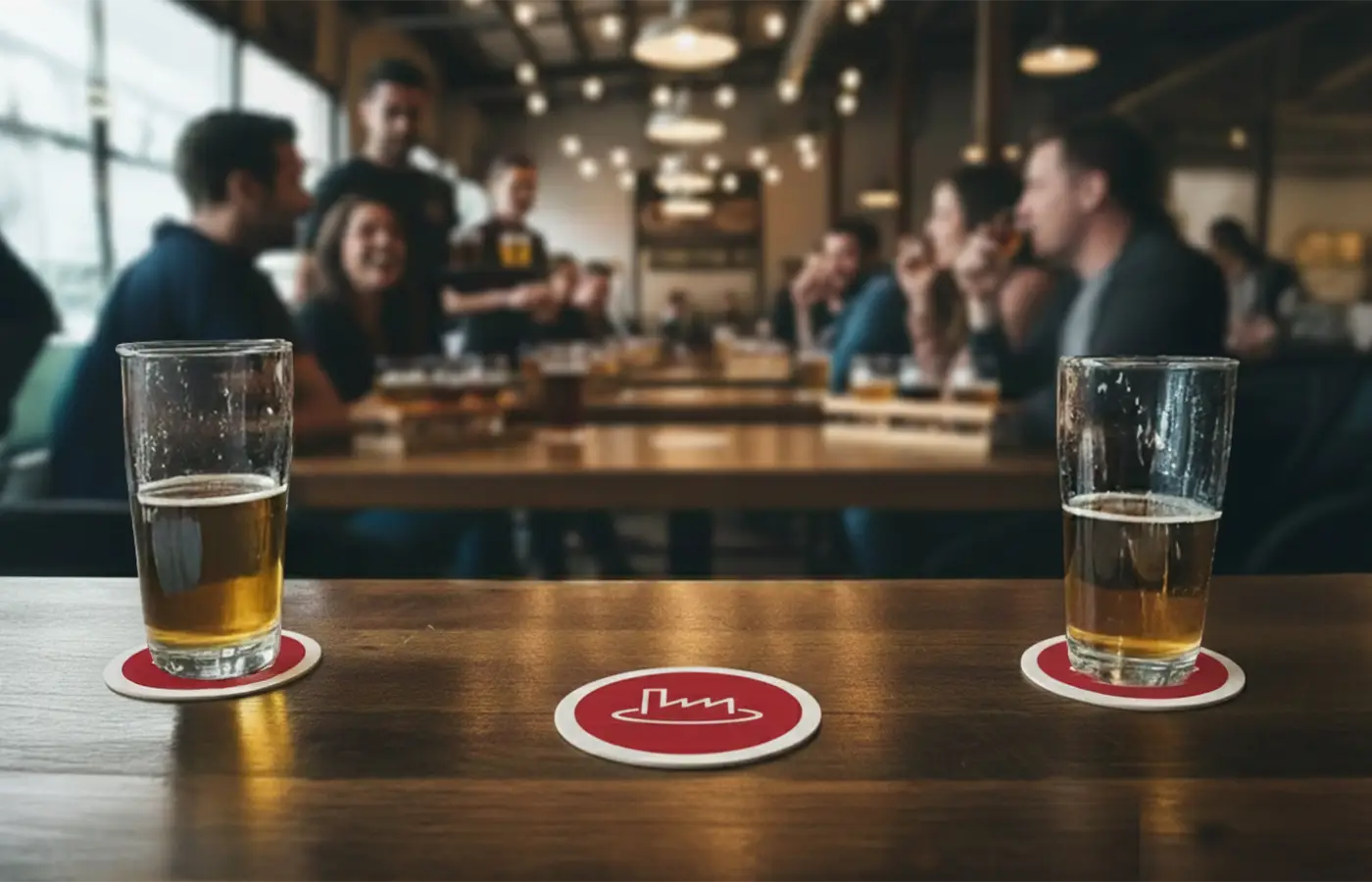 Branded beer coasters on a brewery table with customers drinking and socializing in the background.