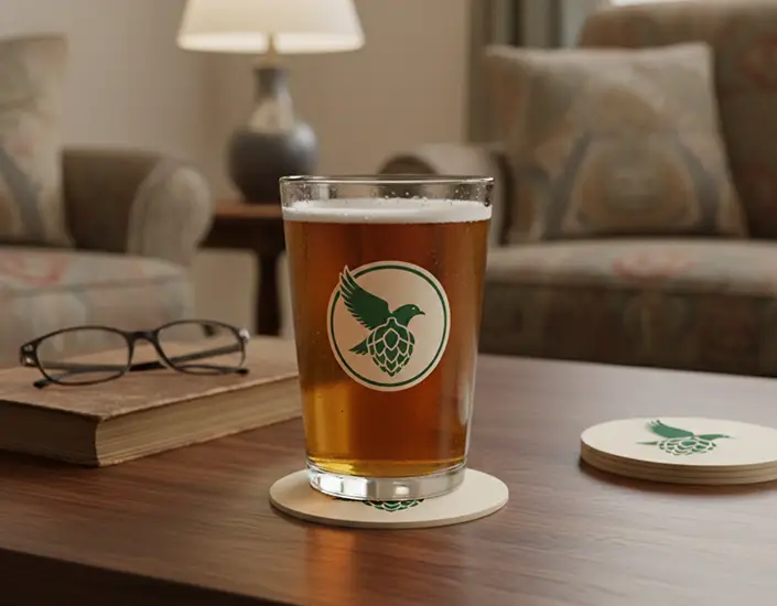 Beer glass on a custom brewery coaster on a living room coffee table.