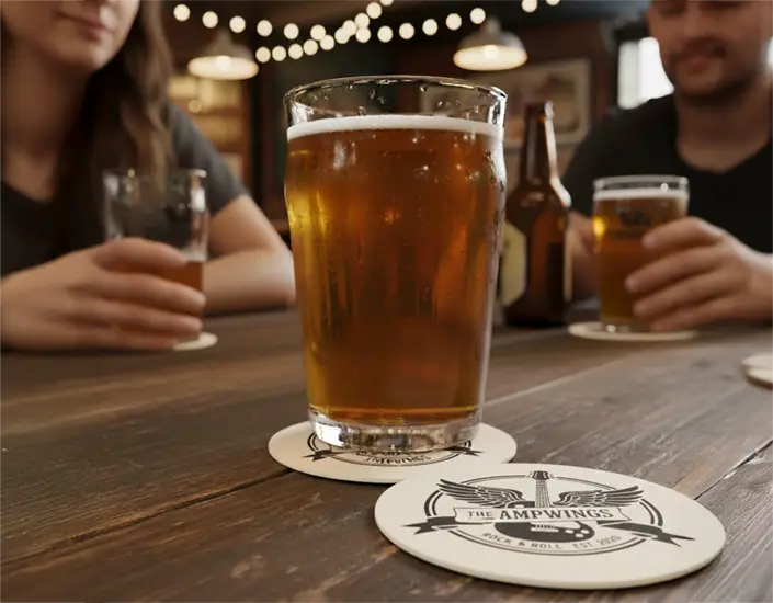Beer glasses resting on custom band coasters at a wooden table in a bar setting with fans in the background.