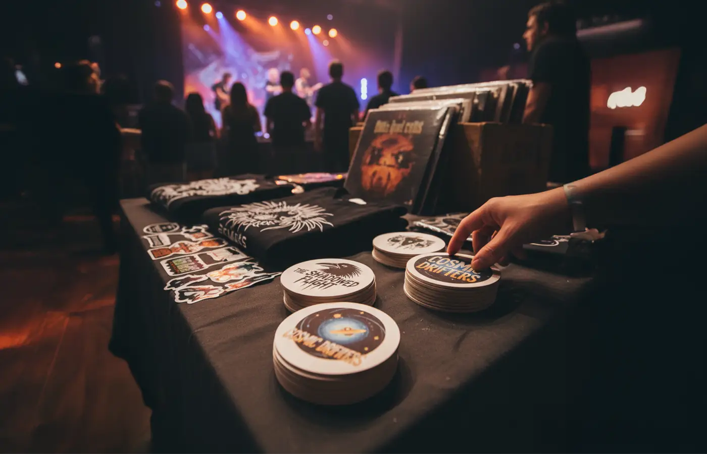 Band merch table featuring custom drink coasters alongside shirts, vinyl records, and stickers at a live concert.