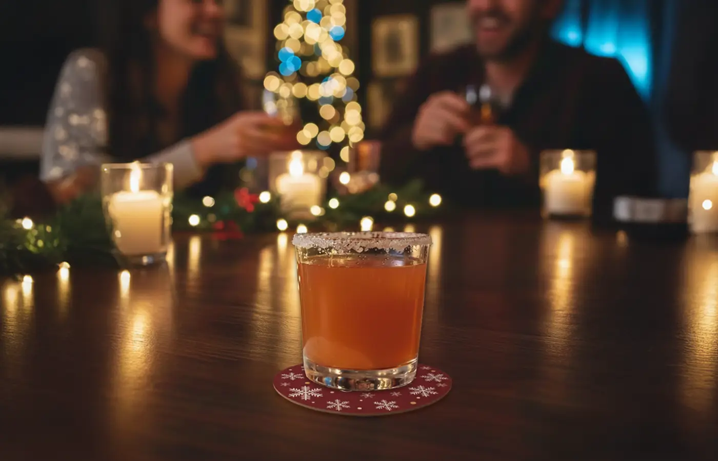 Holiday cocktail on a festive snowflake coaster with candles and guests in the background at a cozy seasonal bar.