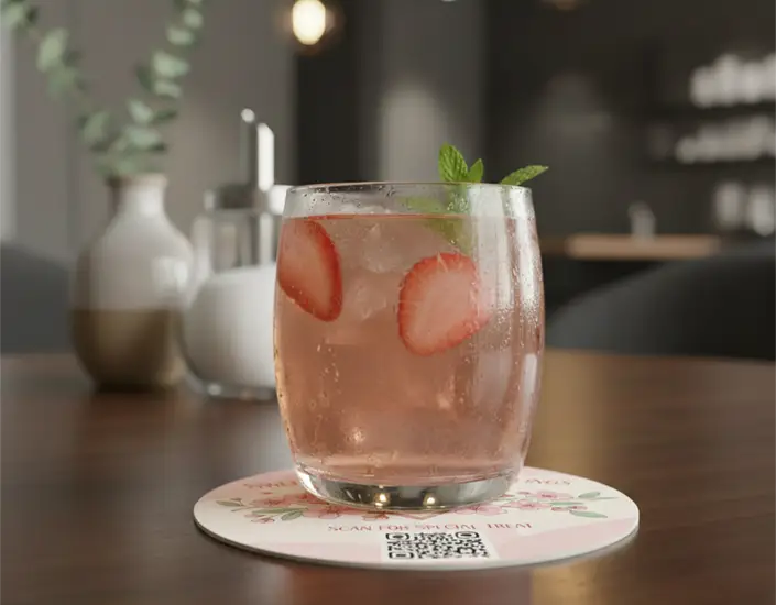 Strawberry cocktail on a custom floral coaster with QR code on a modern cafe table.