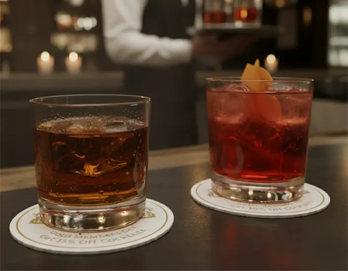 Two cocktails resting on branded promotional coasters on a bar counter during a hospitality service setting.