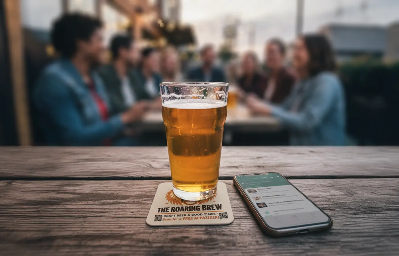 Branded beer coaster on a wooden table with a pint of beer and a smartphone, showing a QR code promotion at a busy outdoor bar.
