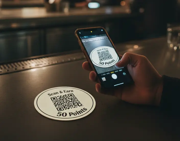 Customer scanning a QR code on a branded coaster with a smartphone to earn loyalty points at a bar.