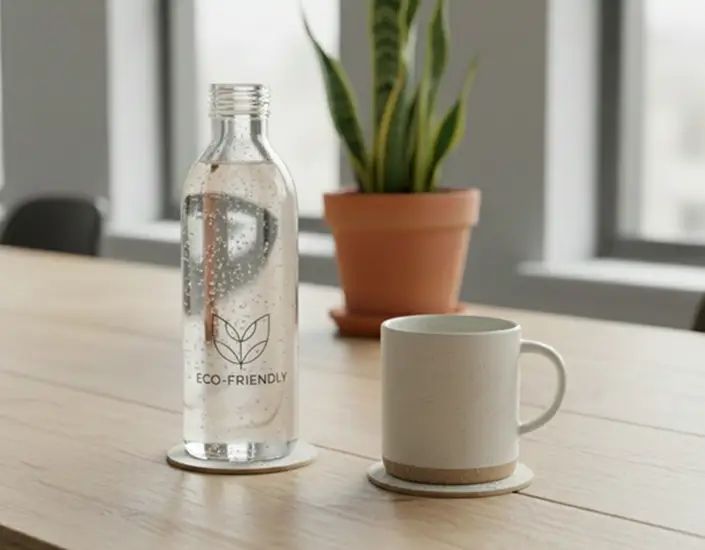 Reusable water bottle and ceramic mug resting on eco-friendly branded coasters on a modern office table.