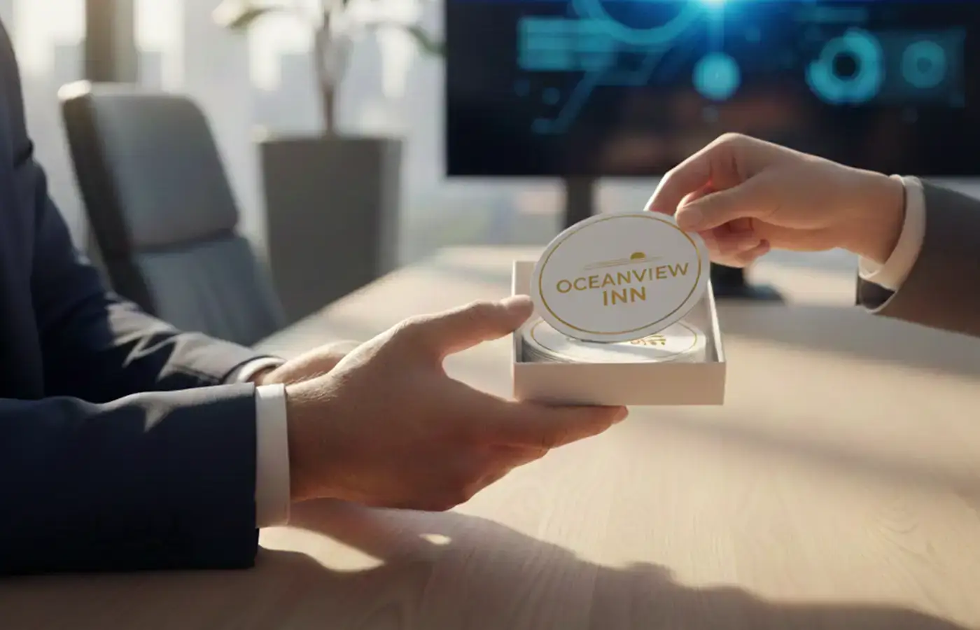 Corporate gift presentation with a custom branded coaster being handed from one business professional to another in a boardroom.