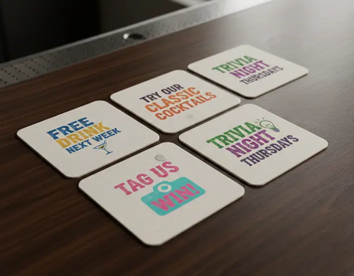 Printed drink coasters featuring happy hour promotions including free drinks, cocktail highlights, trivia night, and social media giveaways.