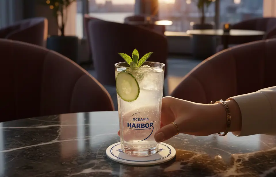 Branded drink coaster under a cocktail in a hotel lounge, showing hospitality promotional branding in use.