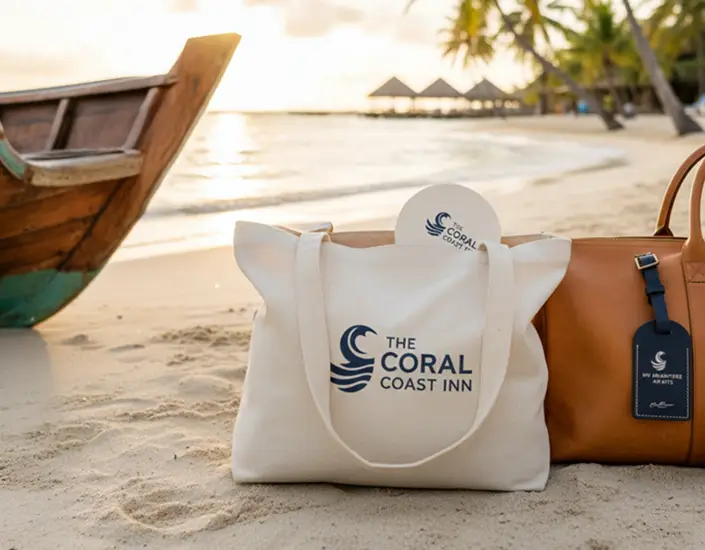 Branded hotel tote bag and luggage tag displayed on a beach, highlighting travel-focused hospitality promotional products.
