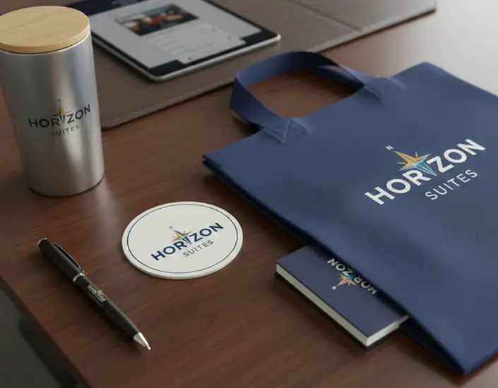 Hotel promotional products on a desk, including a custom coaster, tote bag, pen, and reusable drinkware.