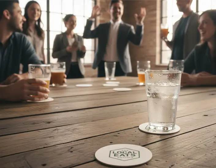 Branded drink coasters on a shared table at a social gathering, showing coasters used in events and hospitality marketing.