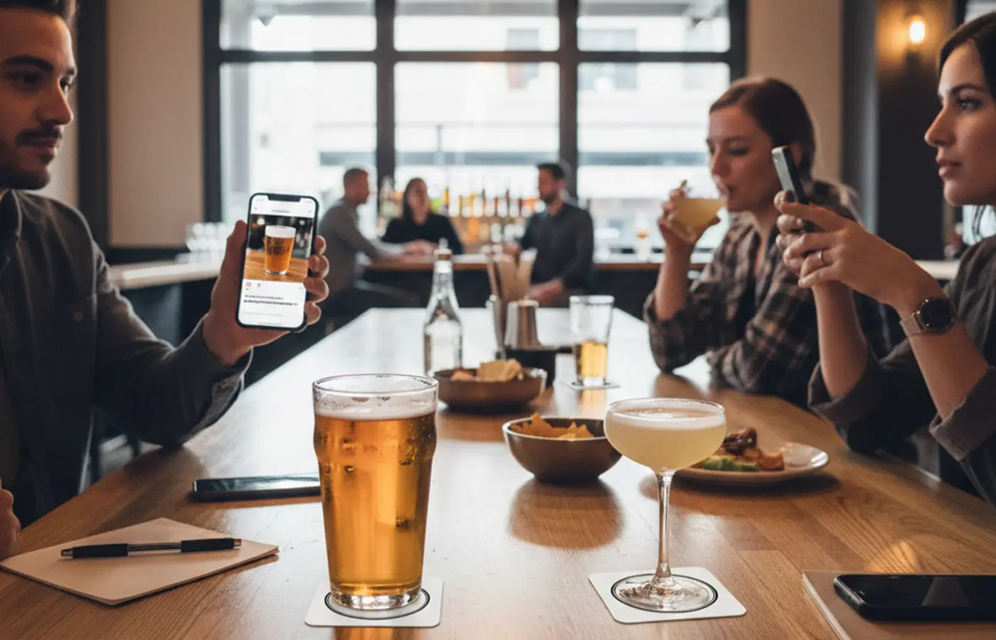 People at a bar using smartphones while drinks sit on branded coasters, showing offline experiences connecting to digital engagement.