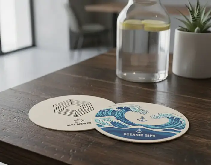 Custom printed pulpboard drink coasters with branded designs displayed on a table, highlighting coaster design and branding options.