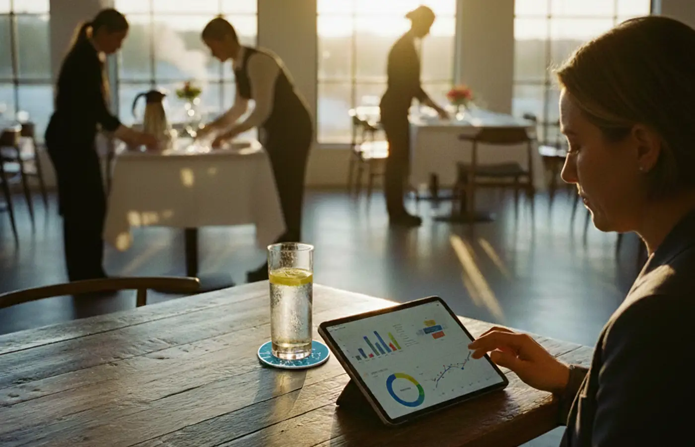 Restaurant manager reviewing sales data on a tablet at a table, with staff preparing the dining room in the background.