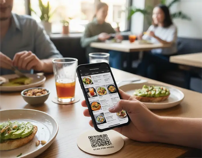 Customer scanning a QR code on a drink coaster to view a digital restaurant menu during a meal.