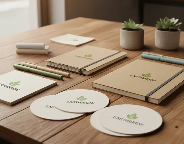 Eco-friendly promotional products including pulpboard coasters, notebooks, and sustainable stationery on a wooden table.