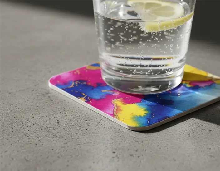 Glass of water on a colorful printed pulpboard coaster showing absorbent, eco-friendly promotional coaster material.