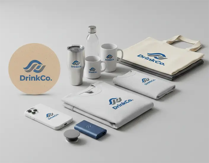 White label promotional products including branded coasters, drinkware, tote bags, apparel, and phone accessories arranged on a neutral background.