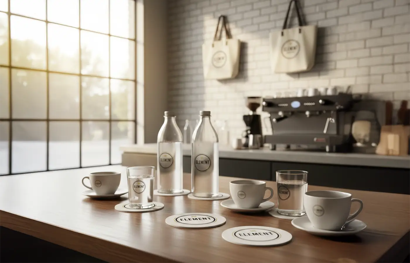 Branded coasters and drinkware displayed on a cafe table, showing consistent white label branding in a hospitality environment.