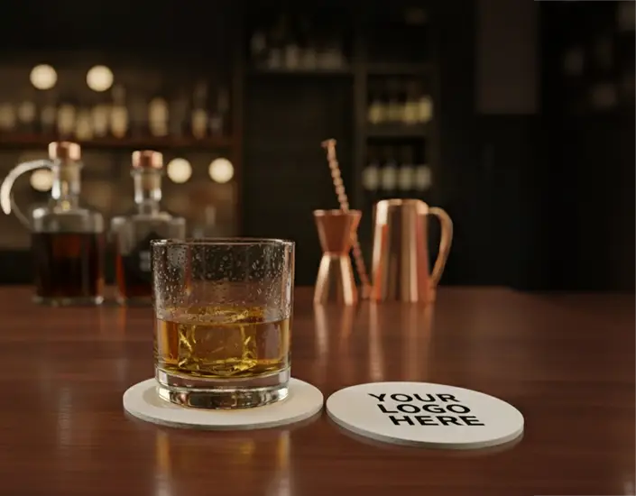 Drink on a custom pulpboard coaster at a bar, showing a finished promotional coaster delivered to the end client.