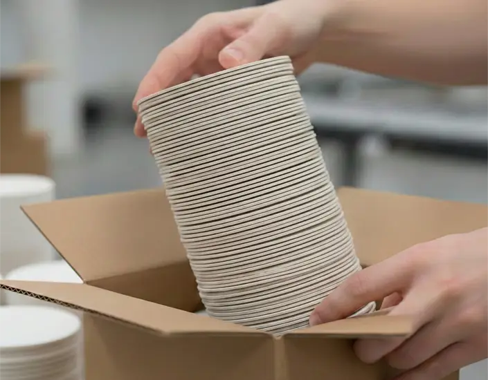 Hands packing stacked pulpboard drink coasters into a plain cardboard box for blind shipping fulfillment.