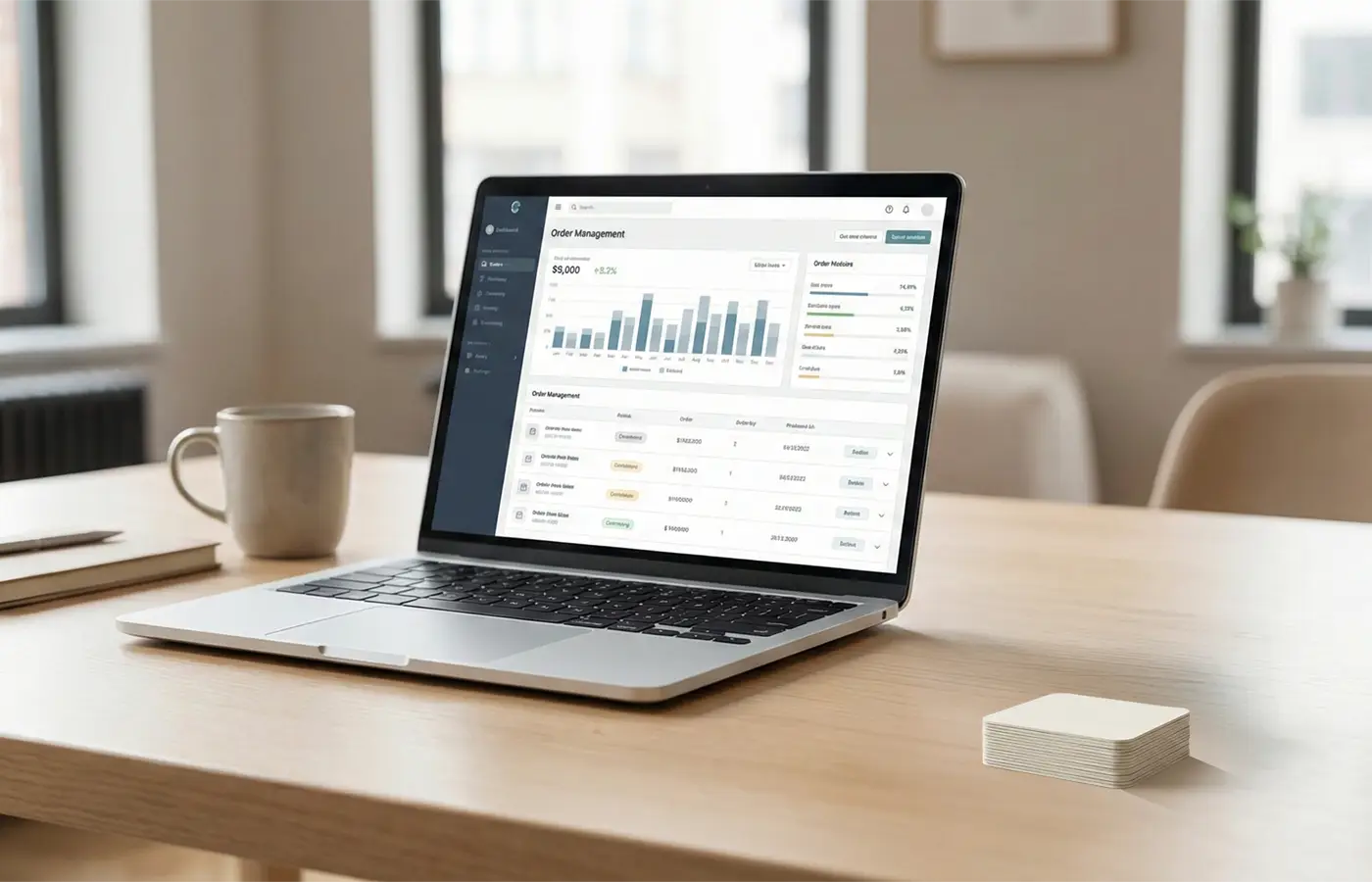 Marketing agency desk with laptop showing order management dashboard and stacked blank pulpboard coasters.
