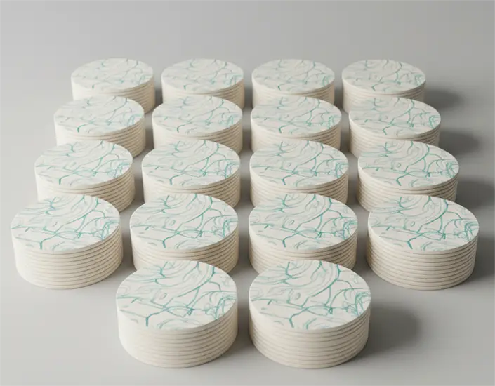 Neatly arranged stacks of round pulpboard drink coasters illustrating bulk printing and volume efficiency.