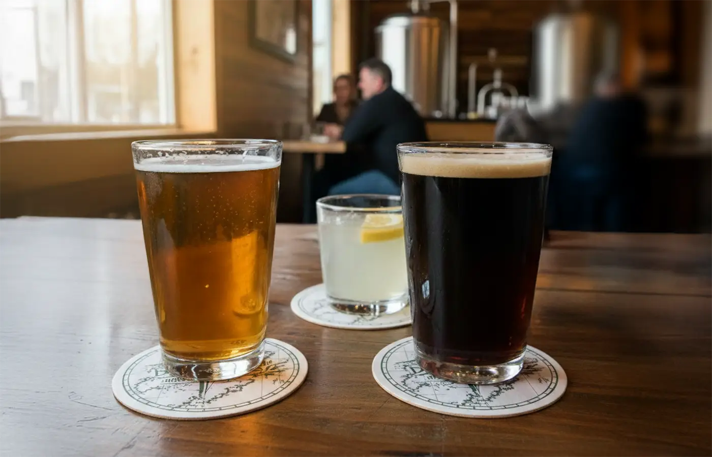 Beer and cocktail glasses resting on branded pulpboard coasters at a brewery table for everyday brand exposure.