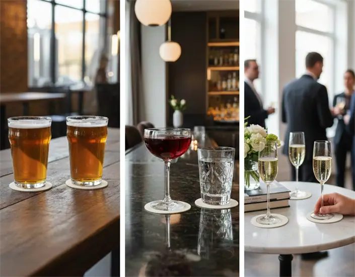 Custom drink coasters used in multiple settings including a bar, lounge, and corporate event to show scalable branding.