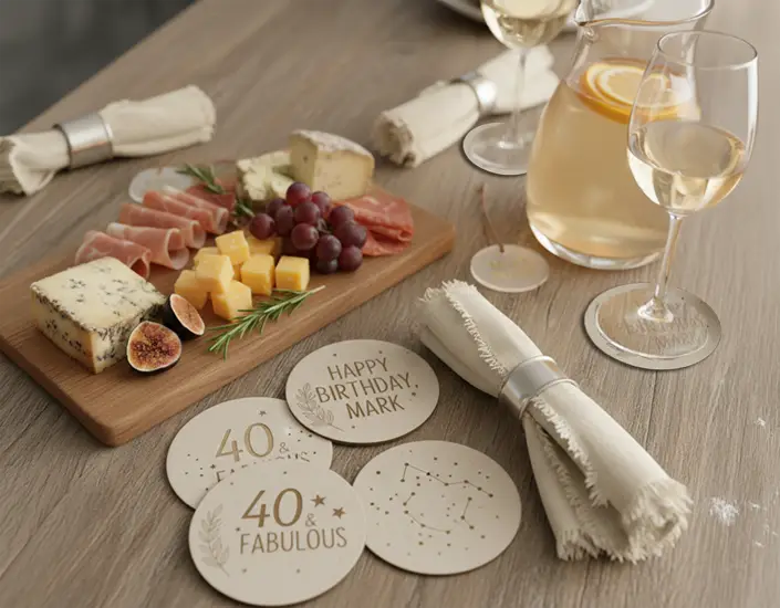 Adult birthday party table with wine glasses, charcuterie board, linen napkins, and personalized birthday coasters used as table decor.