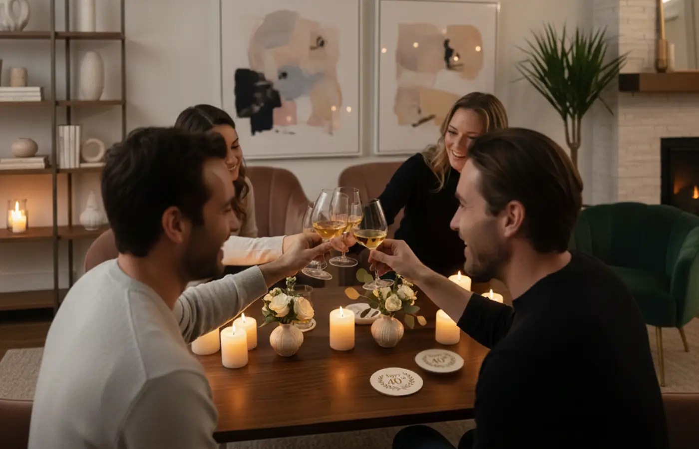 Adult birthday party table with wine glasses, charcuterie board, linen napkins, and personalized birthday coasters used as table decor.
