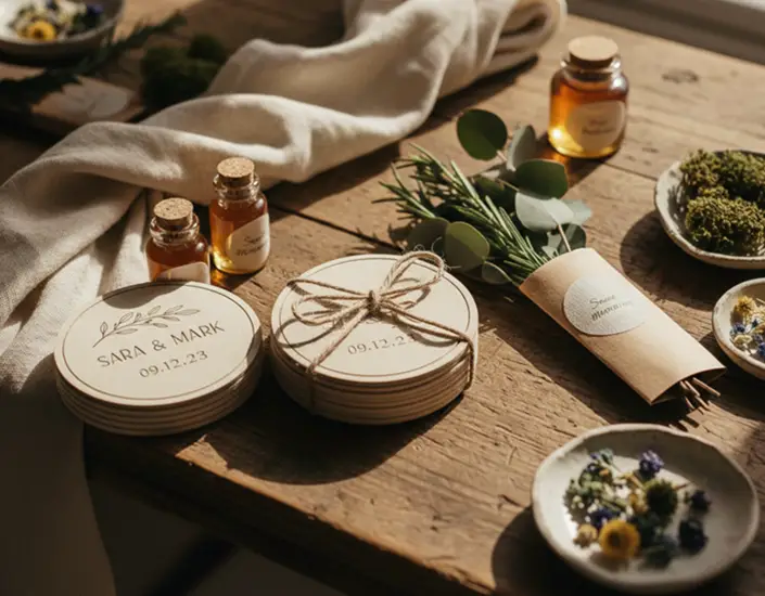 Rustic wedding favors featuring personalized pulpboard coasters, mini honey jars, greenery, and natural table styling.