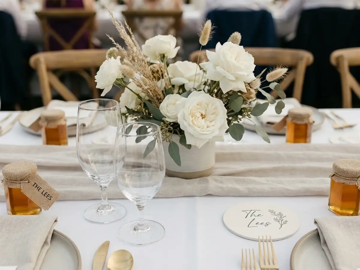 Elegant wedding reception table with custom name coasters, floral centerpiece, and personalized guest favors.