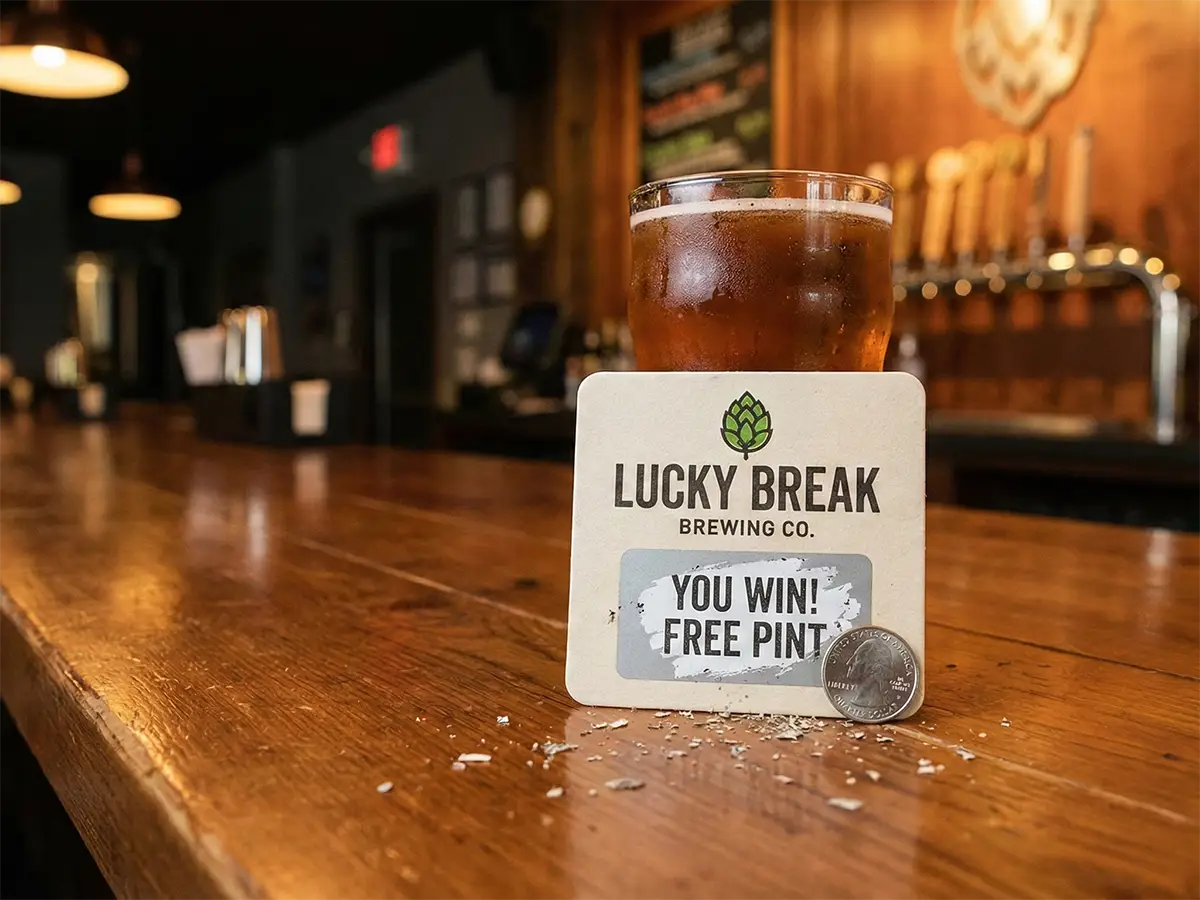 Scratch-and-win coaster displaying You Win Free Pint in front of a beer at a brewery bar, demonstrating an interactive coaster promotion.