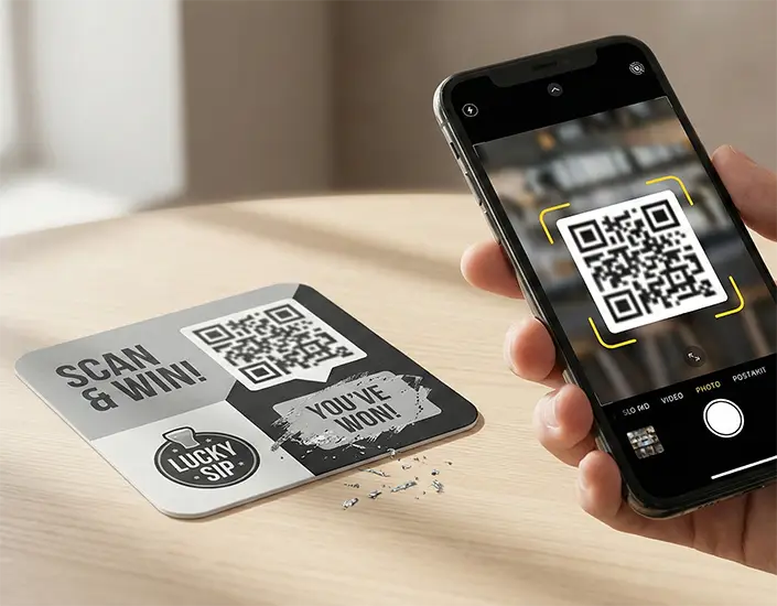 Smartphone scanning a QR code on a scratch-and-win promotional coaster, showing how physical coasters connect to digital prize entry.
