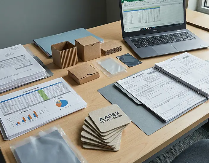 Procurement desk with cost analysis documents, packaging samples, laptop spreadsheet, and branded pulpboard coasters.