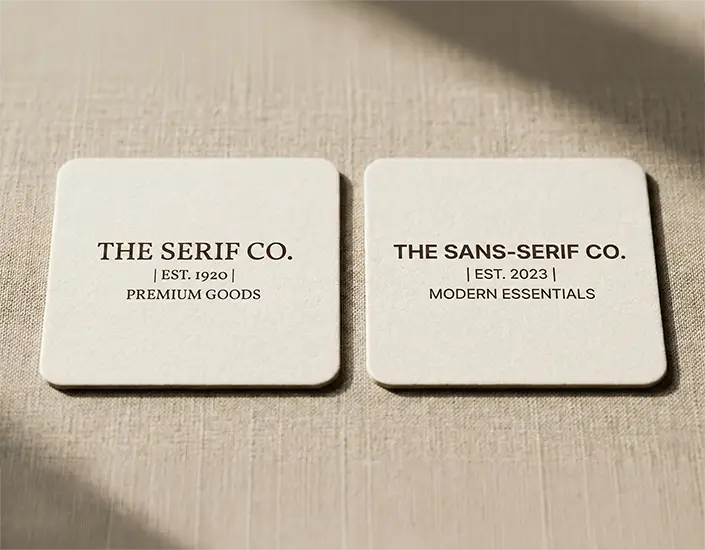 Side-by-side custom coasters comparing serif and sans-serif fonts, demonstrating readability and typography choices in printed coaster design.