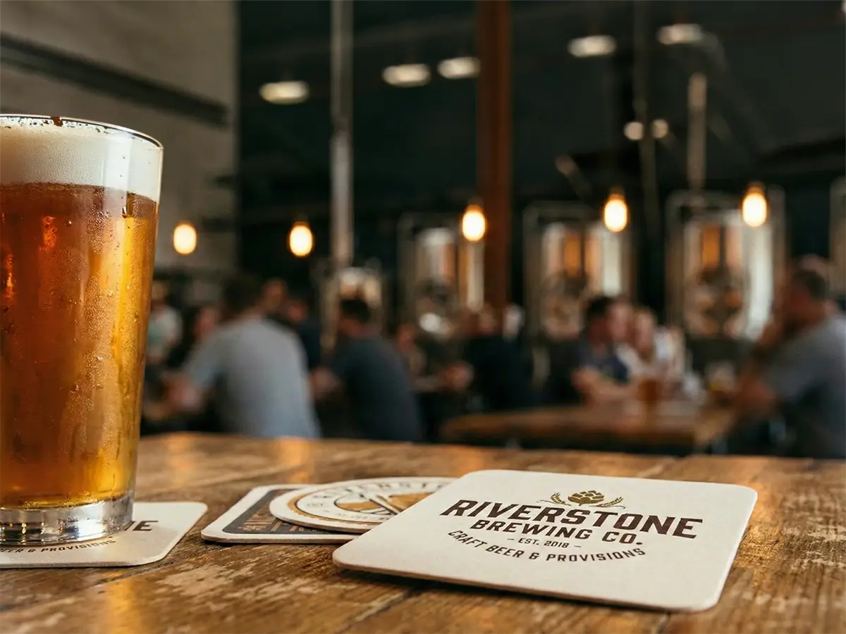 Branded custom drink coasters on a brewery table beside a glass of beer, showing real-world coaster use and logo visibility in a taproom setting.