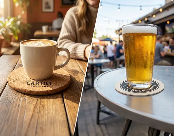 Cork coaster under a coffee cup in a cafe next to a pulpboard coaster holding a beer in an outdoor brewery setting.