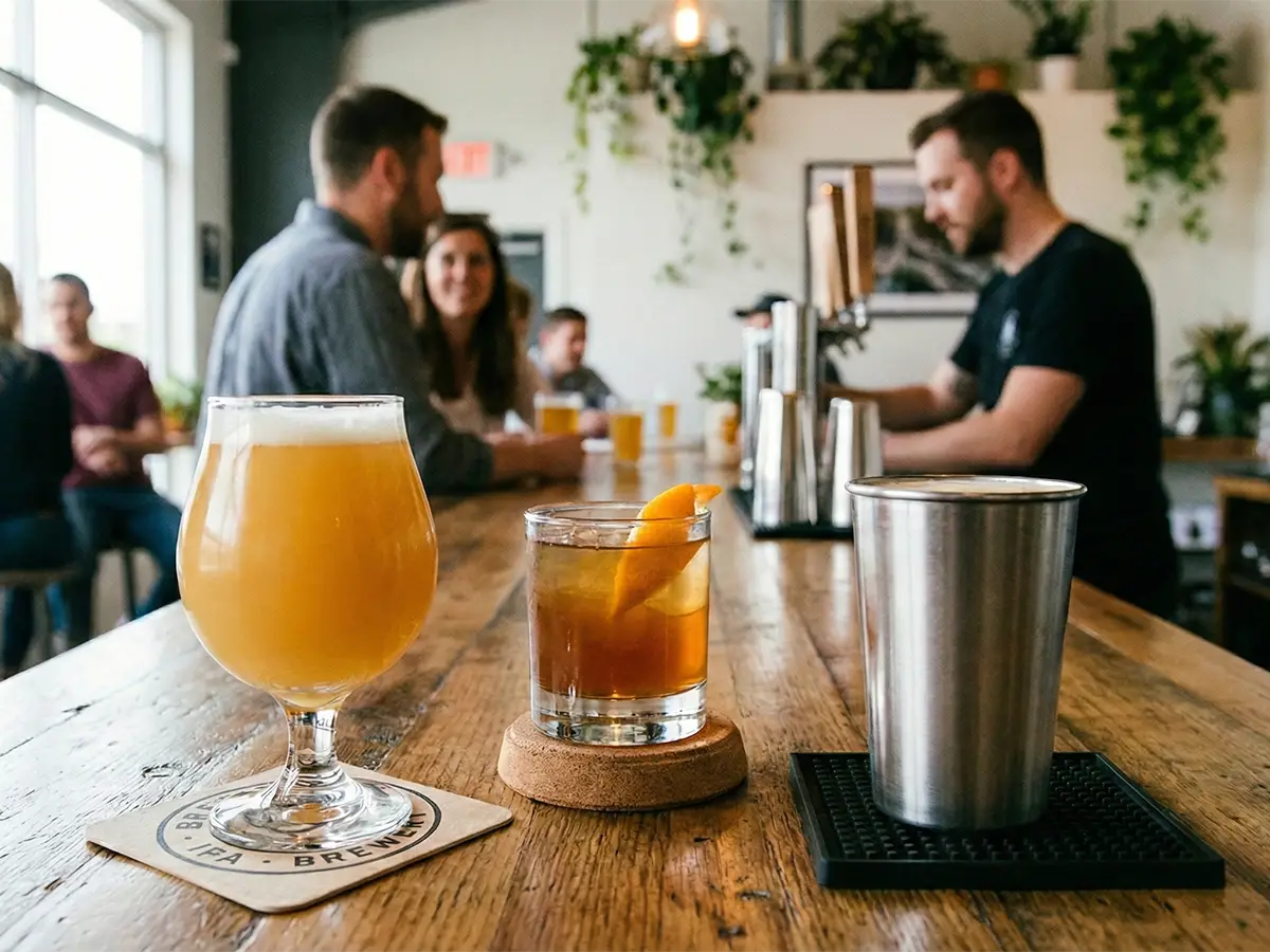 Beer and cocktail drinks resting on pulpboard, cork, and rubber coasters on a busy brewery bar counter.