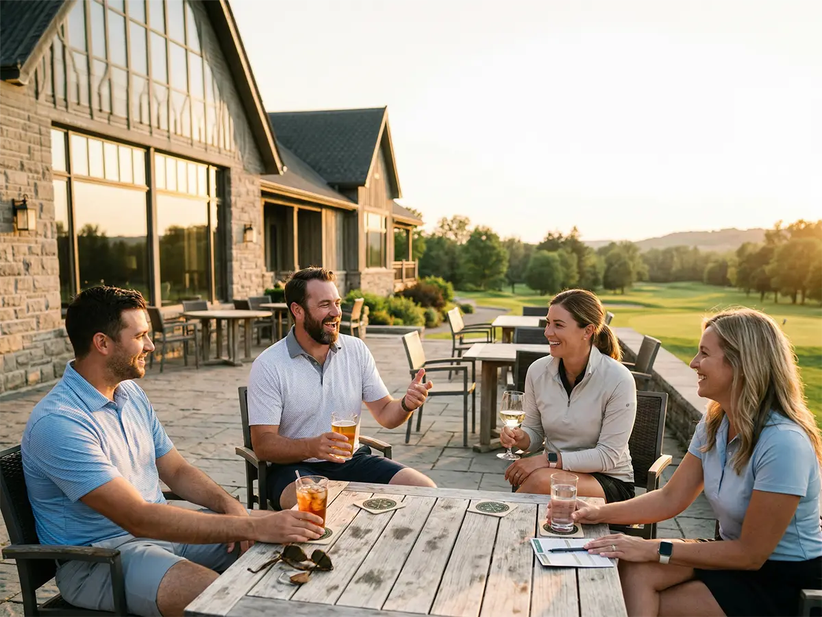 Group of golfers relaxing on a clubhouse patio at sunset with drinks placed on custom golf course branded coasters.