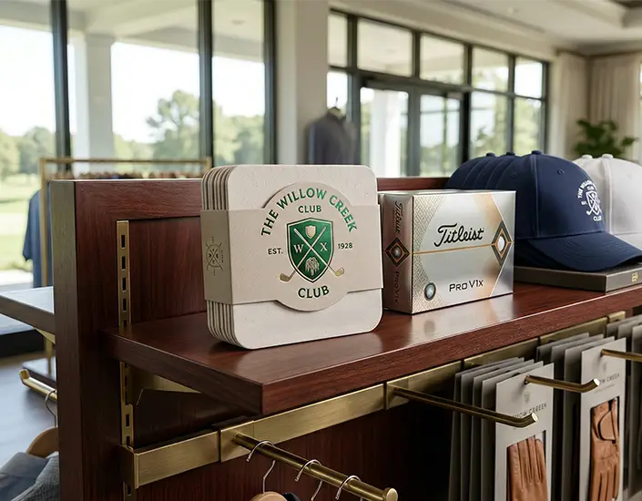 Golf club branded pulpboard coaster sets displayed for sale in a pro shop alongside golf balls and hats.
